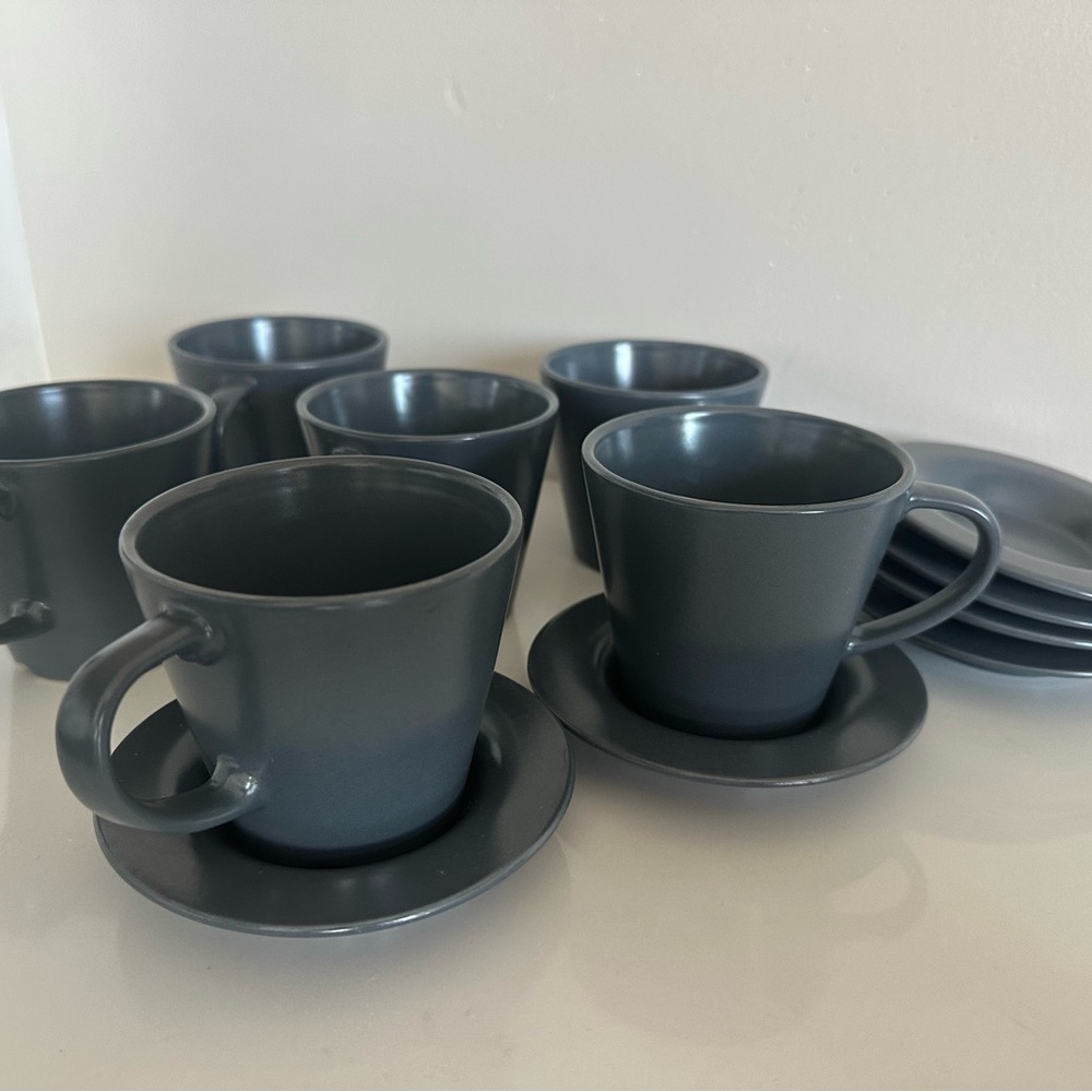 IKEA Dinera Dark Gray Ceramic Espresso Cups with Saucers - Set of 6